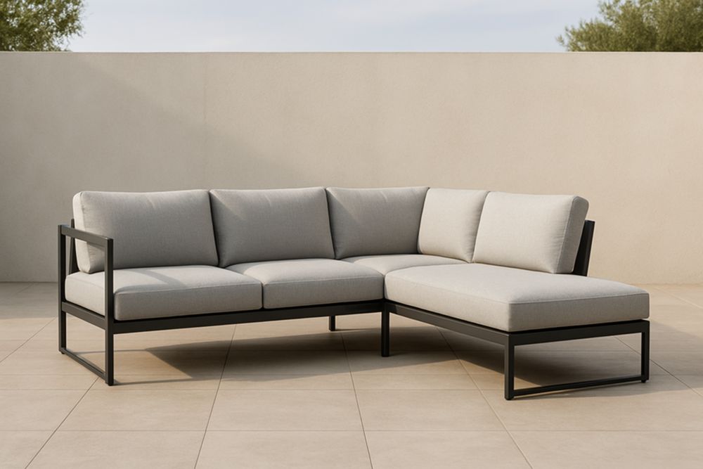 Divano angolare per esterni in alluminio con cuscini in poliestere beige
