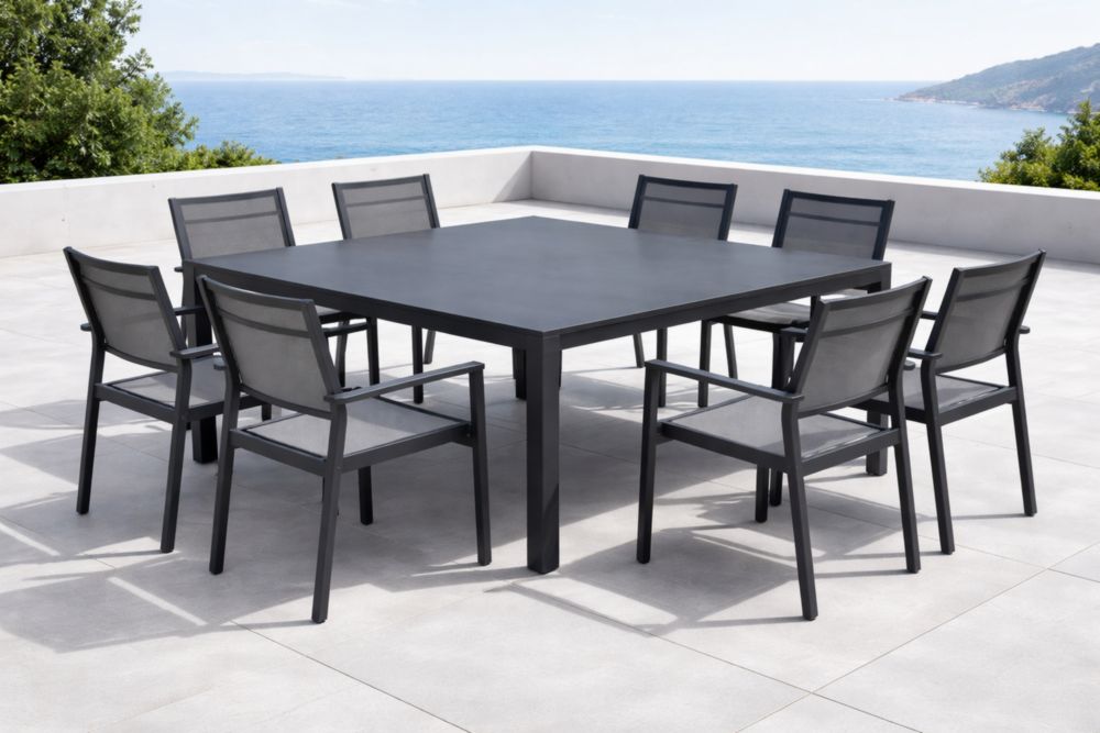 Set tavolo quadrato e 8 sedie per esterno nero metallo e alluminio