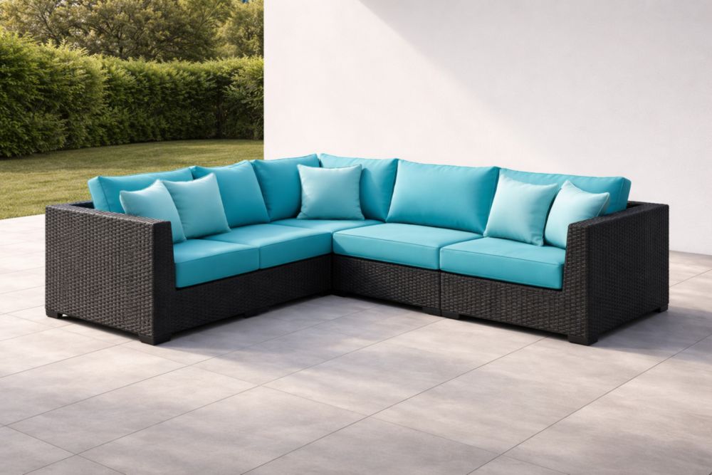 Divano angolare modulare da esterno in rattan sintetico con cuscini blu