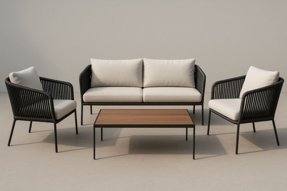 Set Salotto da Esterno in Metallo e Rattan Nero con Cuscini Crema