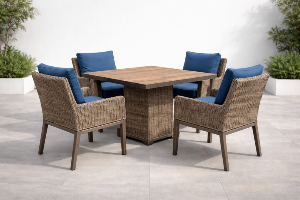 Set da Giardino Tavolo Quadrato in Legno con Sedie in Rattan e Cuscini Blu