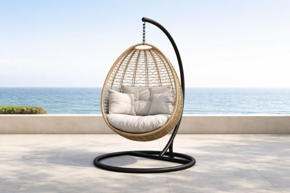 Sedia a Sospensione in Rattan Beige con Struttura in Acciaio