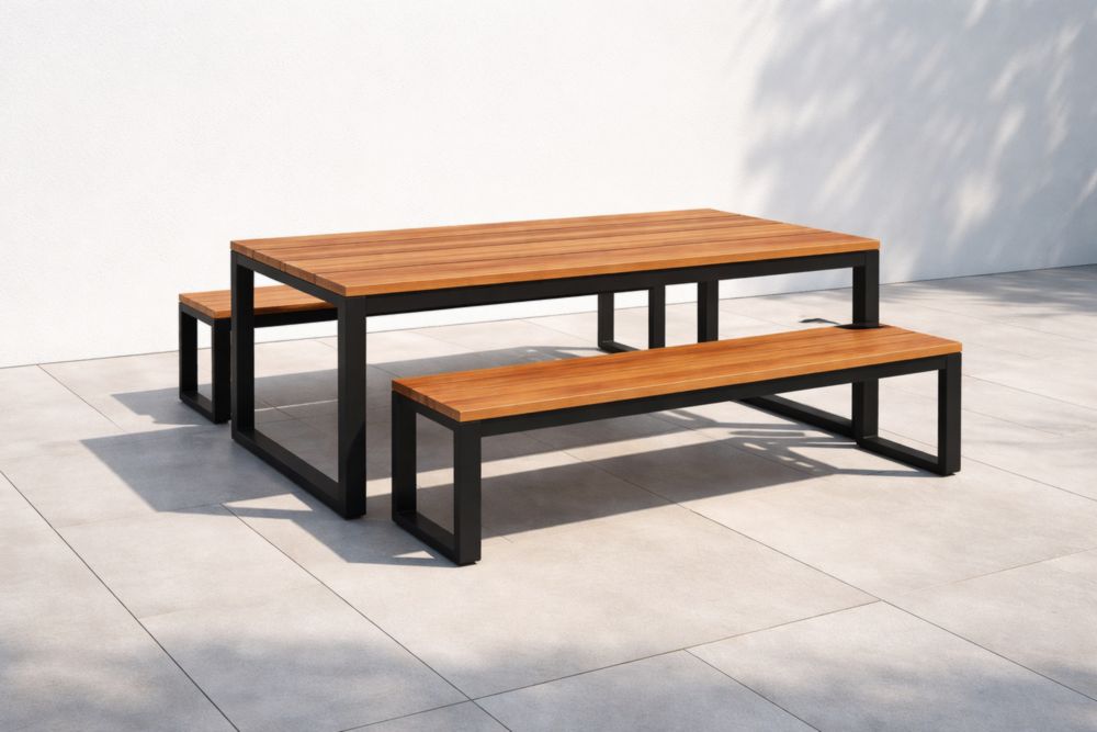 Set Tavolo e Panchine in Legno e Metallo Nero 180x90x75 cm