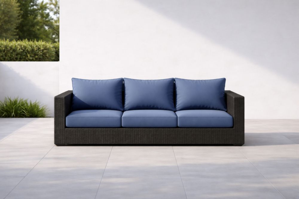 Divano 3 posti in Rattan Sintetico con Cuscini Blu
