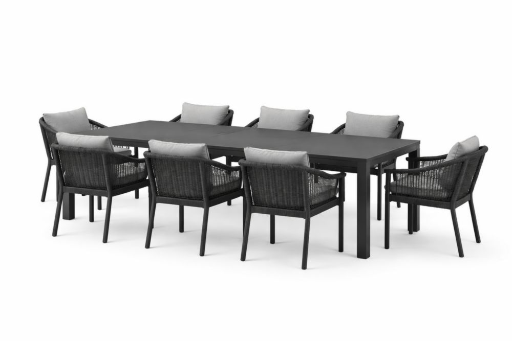 Set da Pranzo da Esterno 8 Pezzi in Alluminio e Rattan con Cuscini Grigi