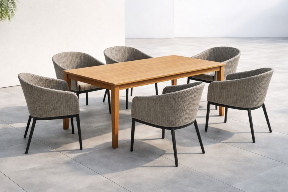 Set da Giardino Tavolo Rettangolare in Legno Teak e Sedie in Rattan Sintetico Grigio