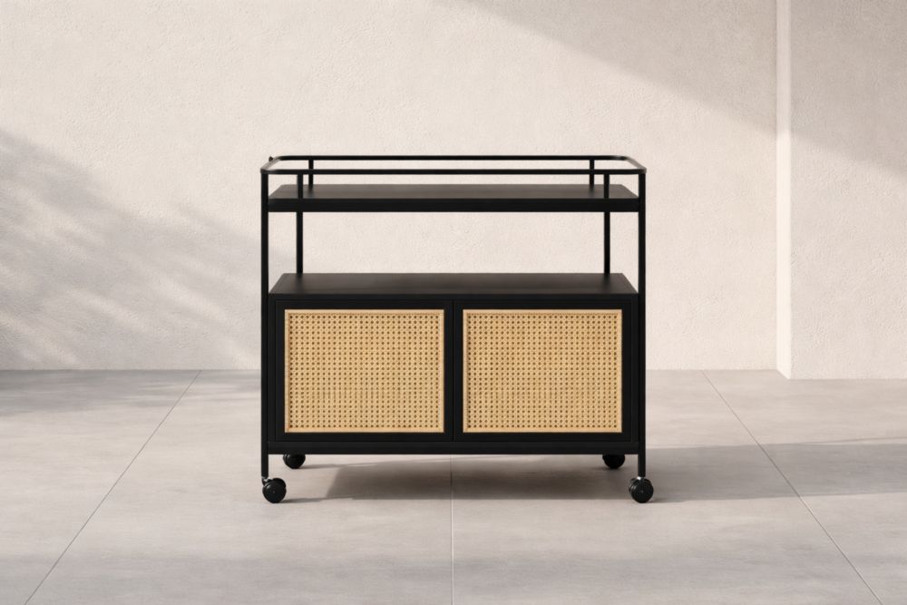 Carrello da Cucina in Metallo e Rattan Nero 70cm x 45cm x 90cm