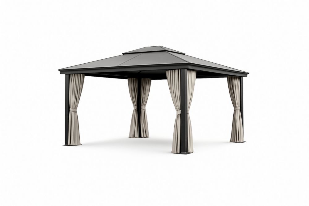Gazebo in Alluminio Grigio con Tetto in Acciaio e Tendaggi in Poliestere