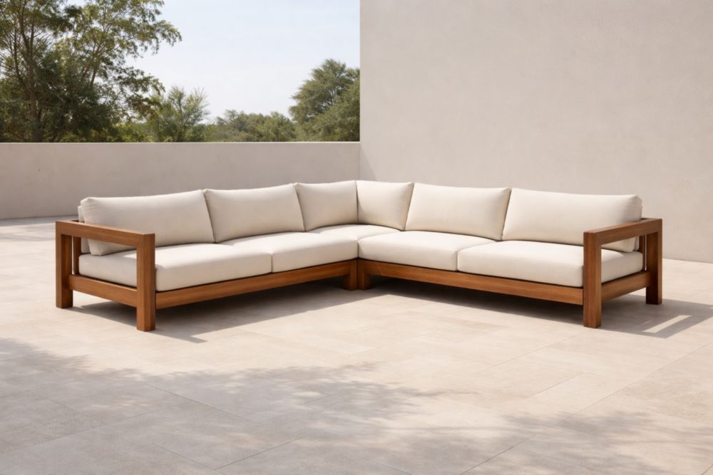 Divano angolare da esterno in legno tessuto crema 300x300x75 cm