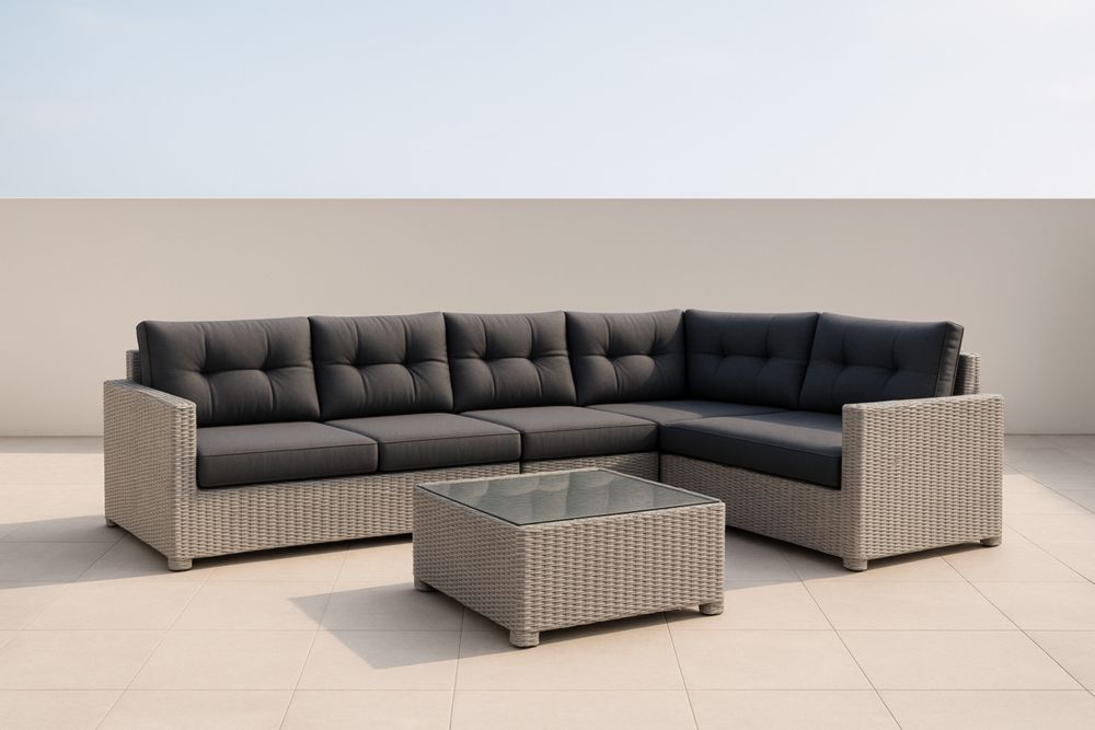 Set Divano Angolare in Rattan Sintetico con Cuscini Grigi e Tavolino in Vetro Temperato