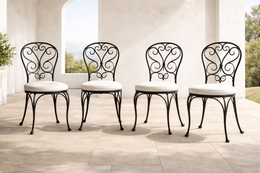 Set di 4 Sedie in Ferro Battuto Nero con Cuscino Bianco