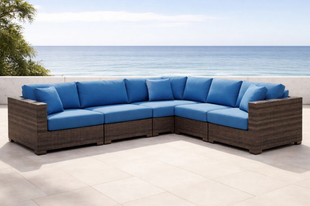 Divano Angolare da Esterno in Rattan Intrecciato con Cuscini Blu