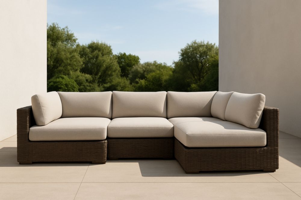 Divano modulare angolare in rattan per esterni cuscini beige
