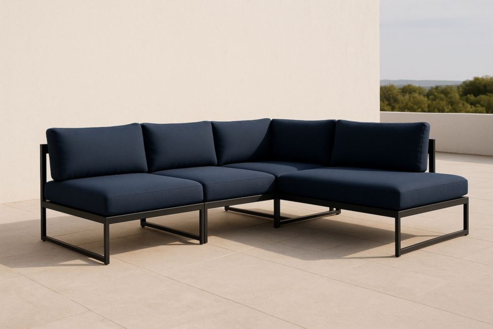 Divano componibile angolare da esterno blu con struttura in metallo e cuscini in tessuto poliestere