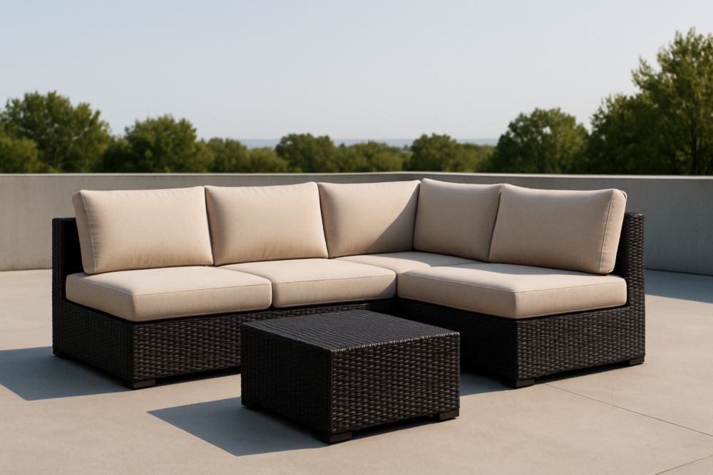 Divano Angolare da Esterni in Rattan con Cuscini in Poliestere Beige