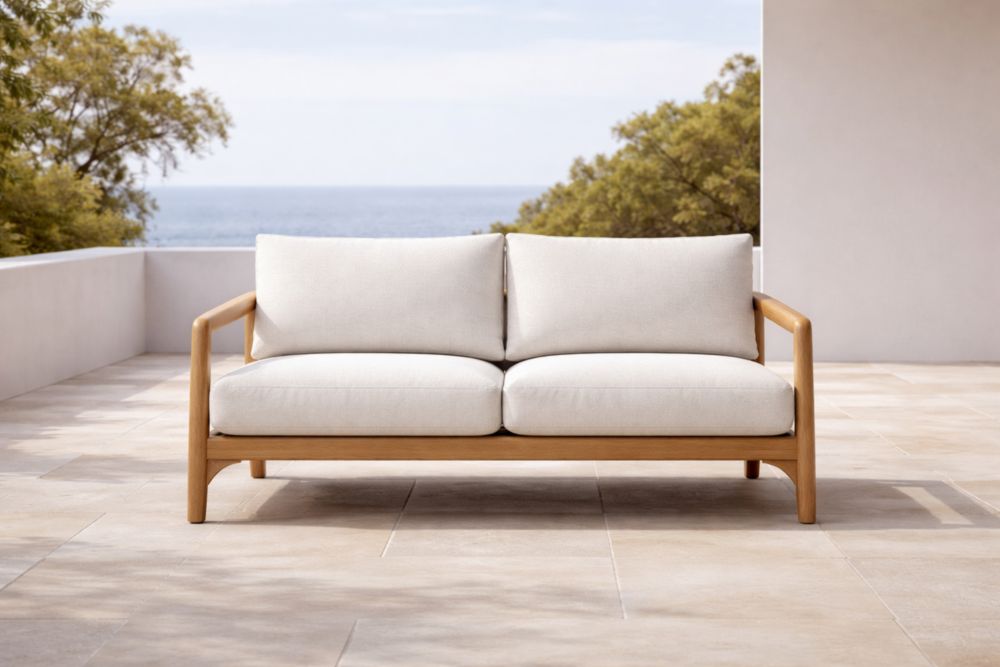 Divano a due posti in legno e tessuto beige