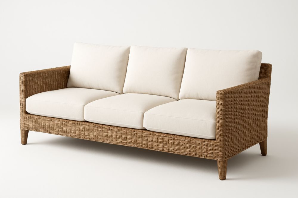 Divano tre posti in rattan sintetico con cuscini in poliestere crema