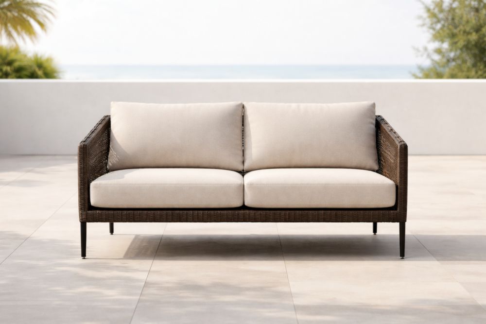 Divano in Rattan Due Posti con Cuscini in Poliestere Beige