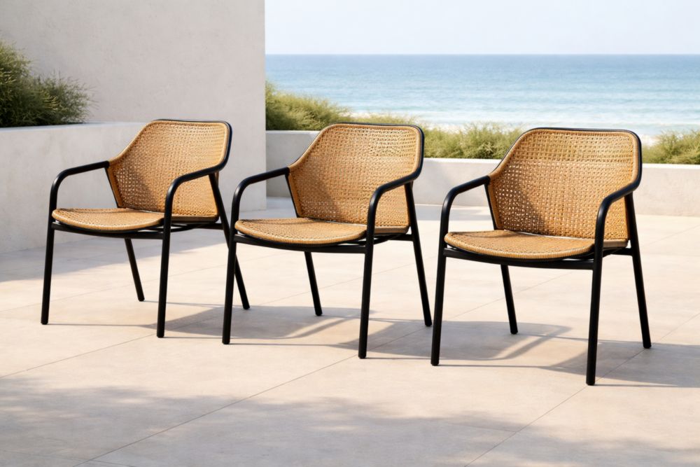 Set di 3 sedie da esterno in rattan e metallo Nero/Naturale