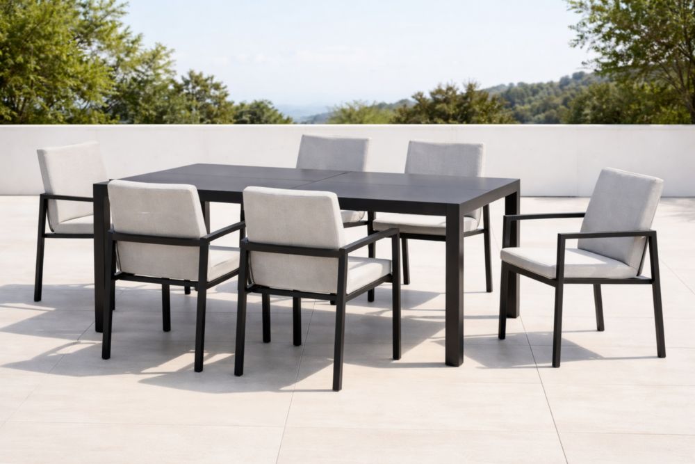 Set tavolo rettangolare in alluminio nero con 6 sedie in tessuto poliestere
