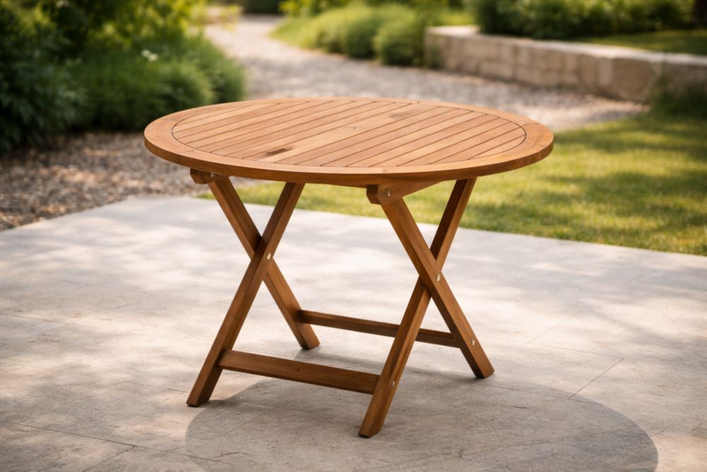 Tavolo rotondo pieghevole da giardino in legno di acacia