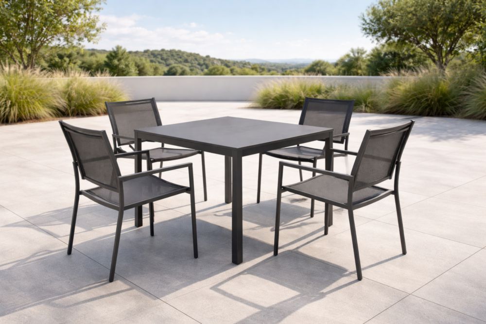 Set da Pranzo per Esterni in Alluminio con Tavolo Quadrato e 4 Sedie Nere