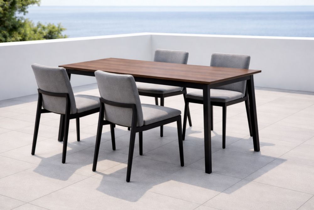 Set Tavolo Rettangolare con Sedie in Legno e Tessuto Grigio