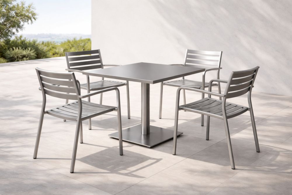 Set pranzo esterno in metallo grigio con tavolo quadrato e 4 sedie