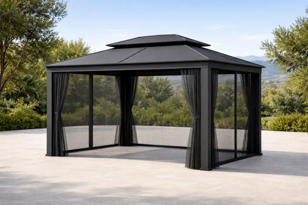 Gazebo in alluminio verniciato nero con tetto in policarbonato 300x400x275cm