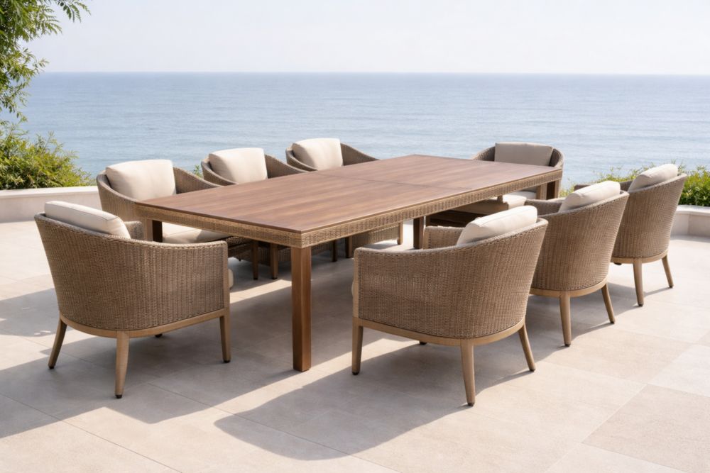Set da Giardino Tavolo in Legno e 8 Sedie in Rattan Sintetico con Cuscini
