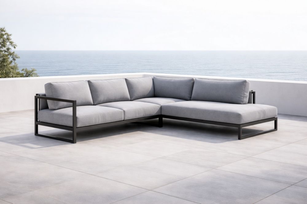 Divano angolare da esterno in metallo e tessuto grigio
