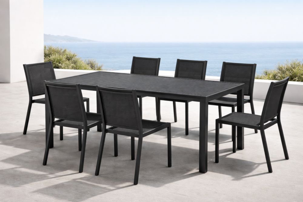 Set Tavolo e 7 Sedie da Pranzo Rettangolare Nero Alluminio e Poliestere