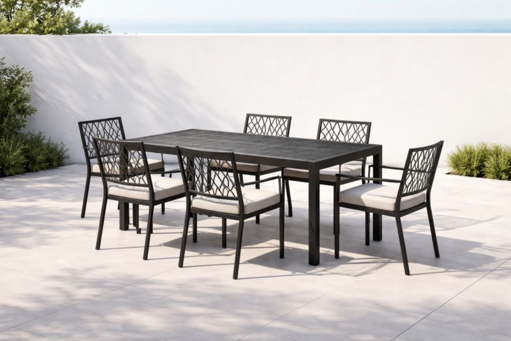 Set da Pranzo da Esterno in Metallo Nero con Tavolo Rettangolare e 6 Sedie Imbottite
