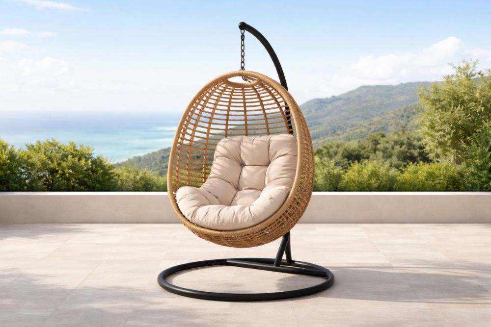 Sedia Sospesa in Rattan con Cuscino in Poliestere Beige