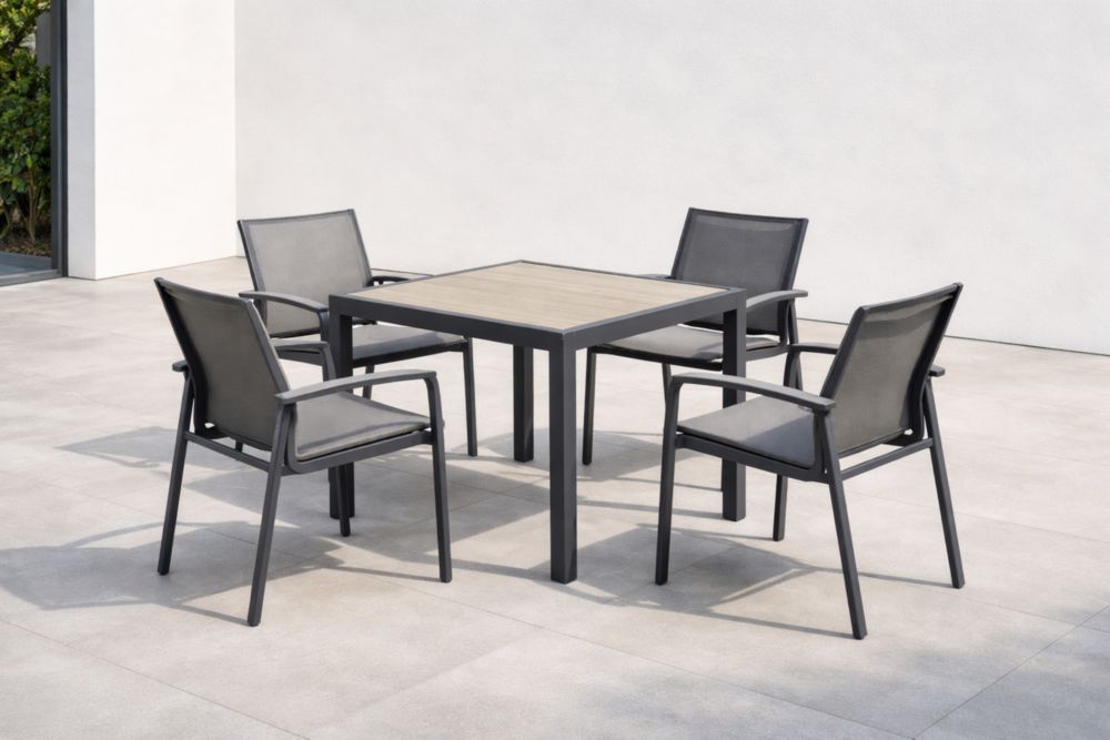 Set tavolo e sedie da esterno in alluminio e tessuto grigio