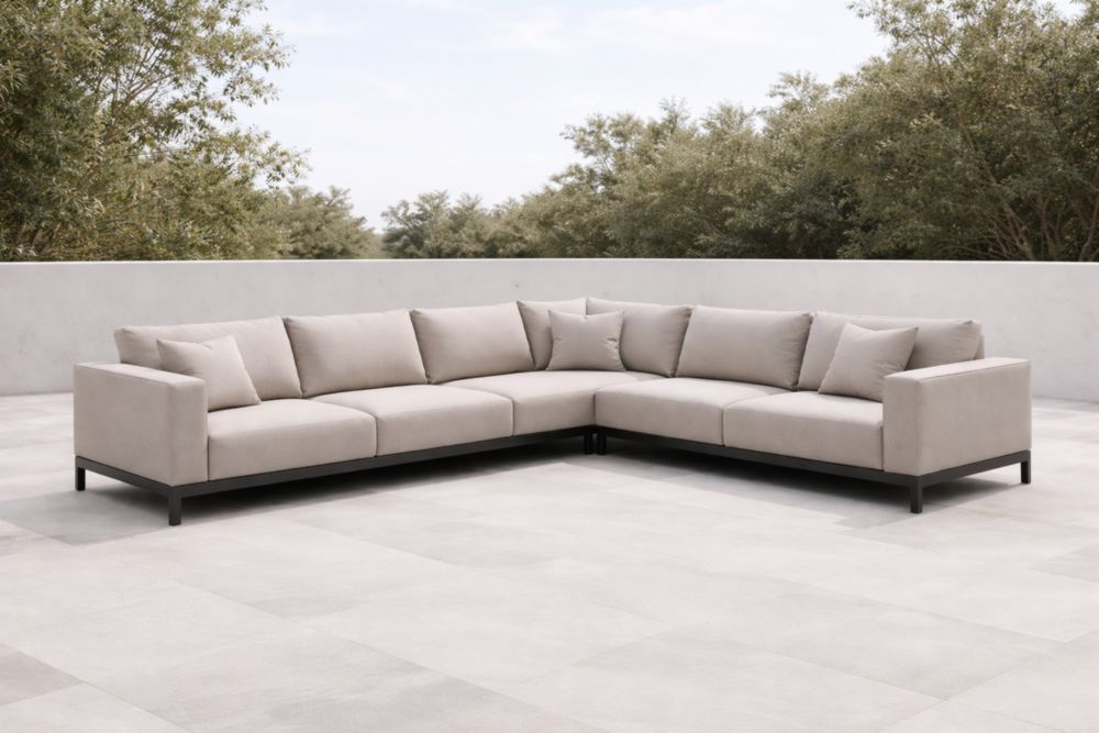 Divano angolare tessuto beige e struttura in metallo