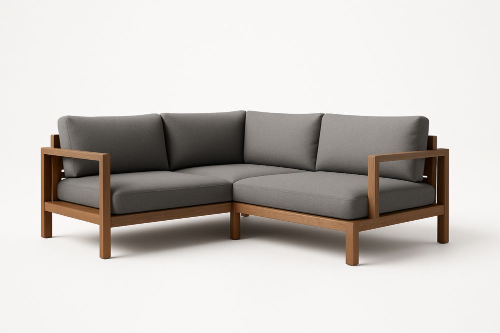 Divano Angolare in Legno e Tessuto Grigio