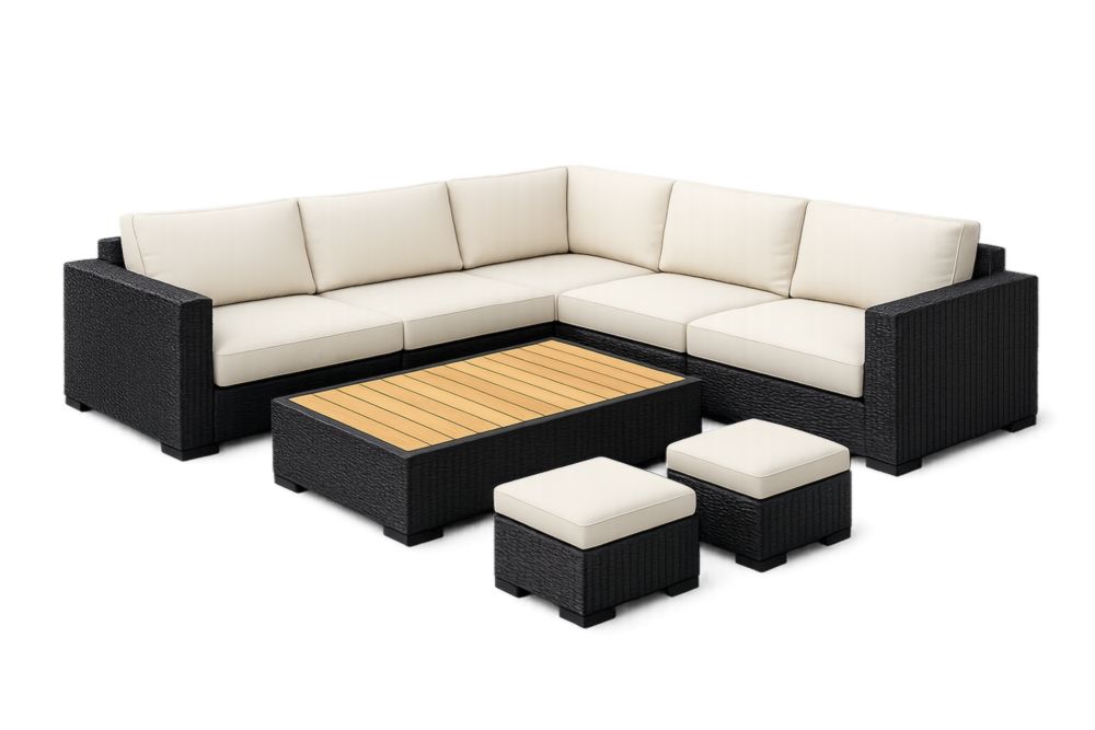 Canapé d'angle extérieur en résine tressée avec table en bois de teck