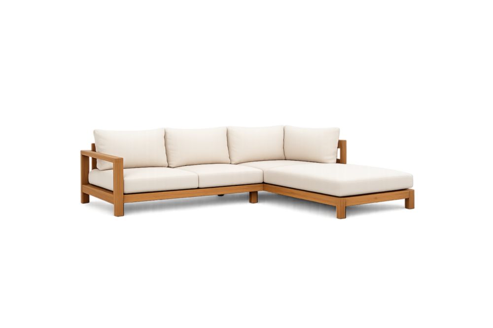 Canapé d'angle d'extérieur en teck avec coussins en tissu crème