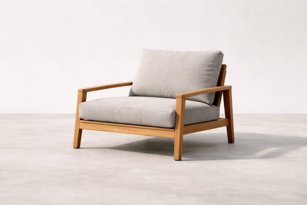 Fauteuil d'extérieur en bois avec coussins en tissu gris