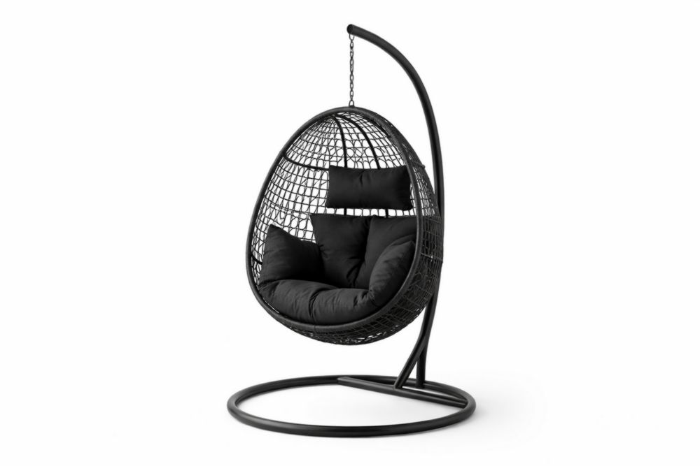 Chaise suspendue en acier et résine noire avec coussins