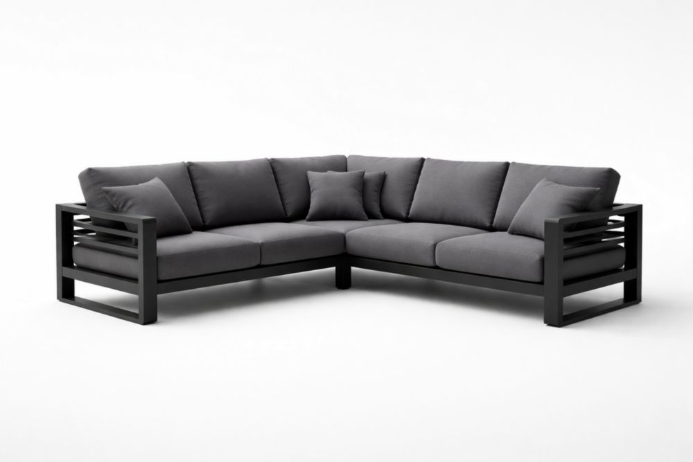 Canapé d'angle d'extérieur en aluminium avec assises et dossiers en tissu polyester gris