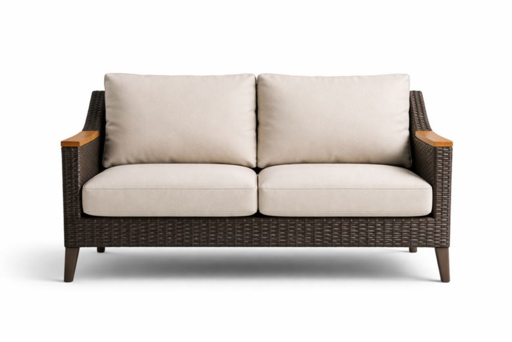 Canapé 2 places d'extérieur en résine tressée taupe avec coussins beige