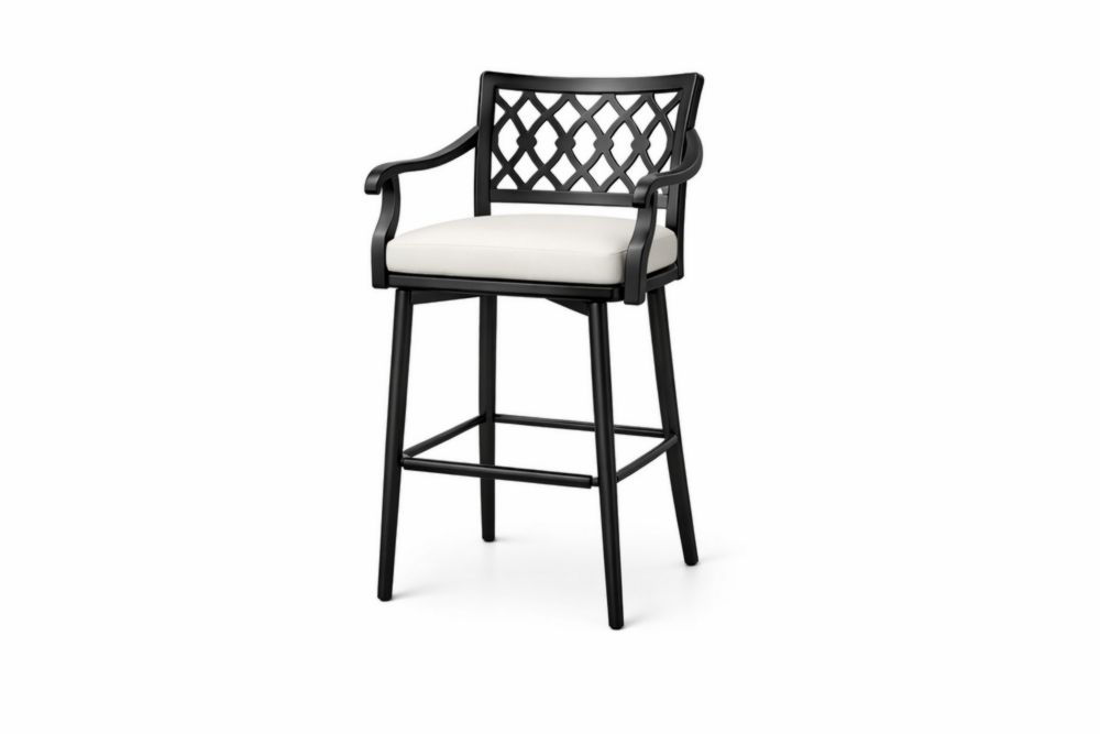 Tabouret de bar d'extérieur en aluminium noir avec dossier croisé et coussin blanc