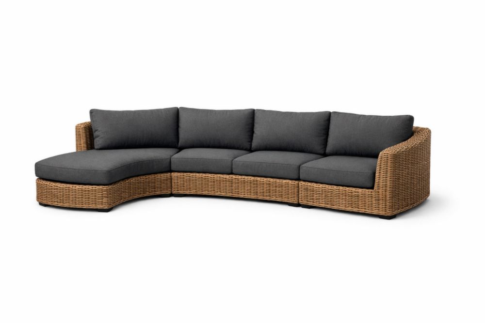 Canapé d'angle d'extérieur en rotin synthétique avec coussins en tissu polyester gris