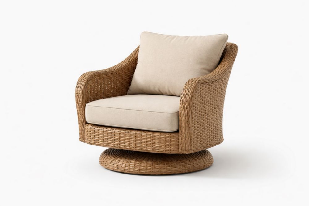 Fauteuil pivotant d'extérieur en rotin avec coussins en polyester