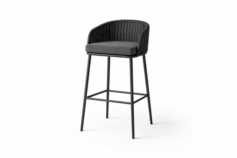 Tabouret de bar d'extérieur en acier et polyéthylène avec coussin en tissu polyester