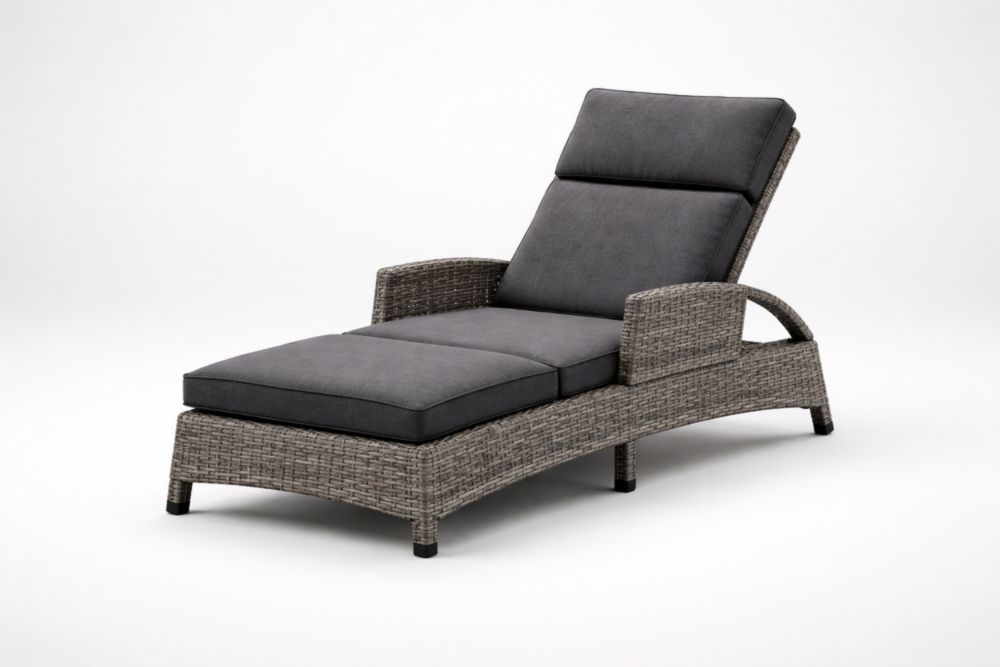 Chaise Longue en Résine Tressée Gris avec Coussins Amovibles