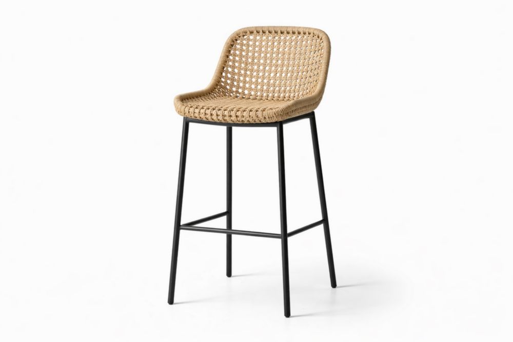 Tabouret de bar d'extérieur en rotin synthétique beige et acier noir