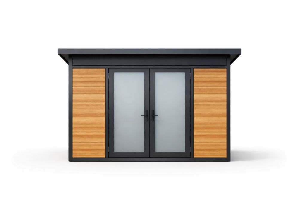 Abri de jardin en cèdre et acier avec portes battantes en verre dépoli